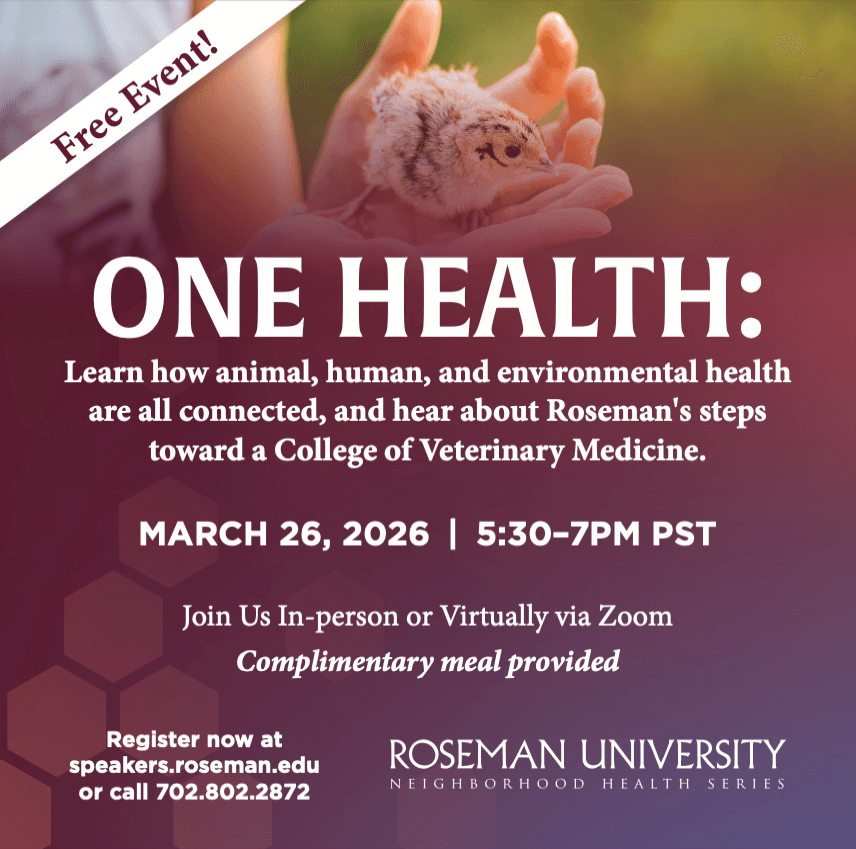 Two hands gently hold a fluffy chick, overlaid with text about a free event on animal, human, and environmental health at Roseman University on March 26, 2026.