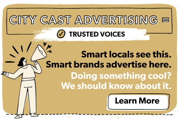 Illustration of a person with a megaphone, emphasizing "City Cast Advertising = Trusted Voices." Text promotes local engagement and invites advertisers.
